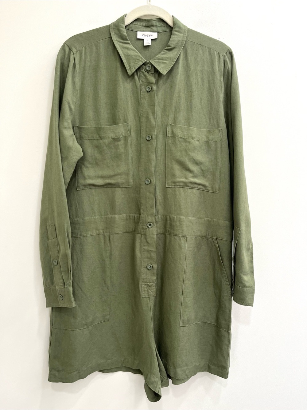 ON-34TH Women's Linen Blend Long Sleeve Utility Romper olive green button-up LG